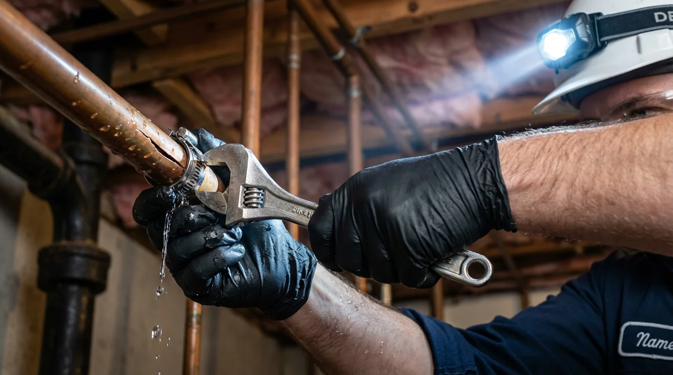 Emergency pipe clamp repair being performed by a Johns Plumbing LLC plumber in Zillah