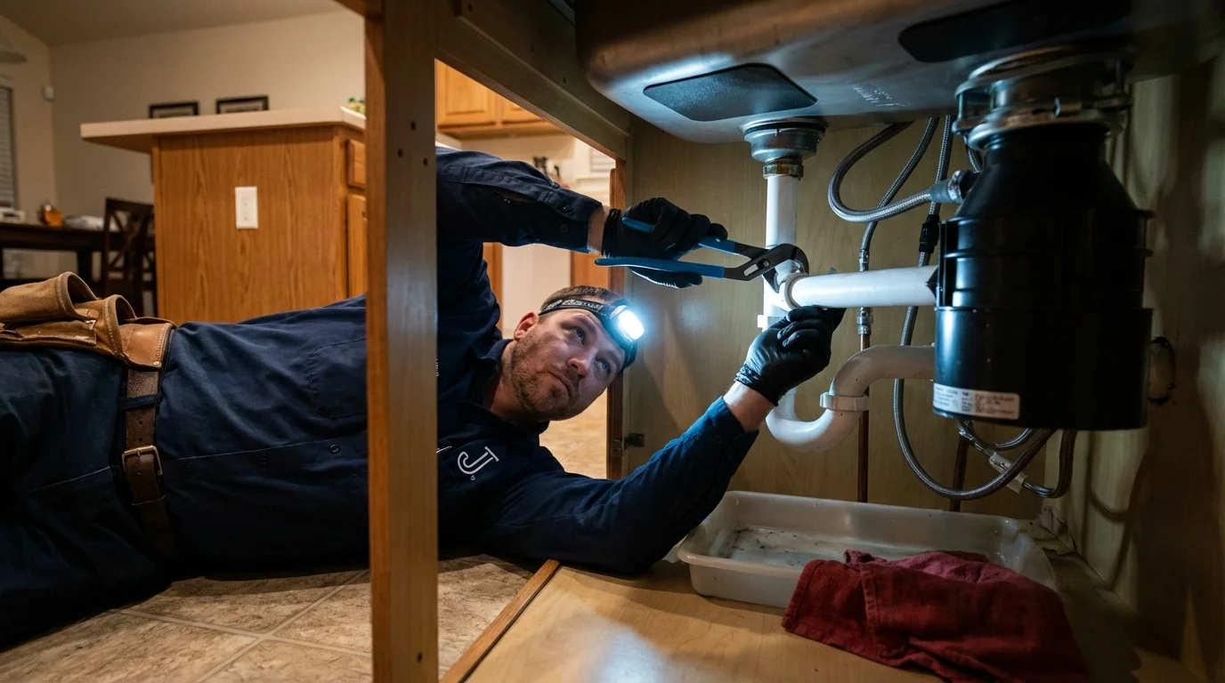 P-trap and supply line connections under a kitchen sink showing a common leak point in Zillah, WA